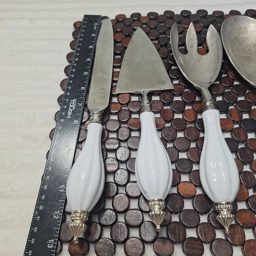 5 Pc Set Elegant Godinger Silver Plate Serving Set Porcelain Handle Victorian